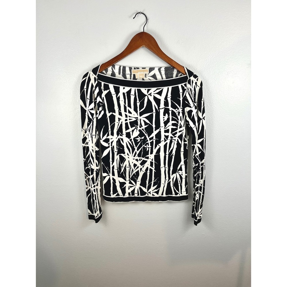 Michael Kors Bamboo Print Boat Neck Top Black White Long Sleeve Made in Italy 4